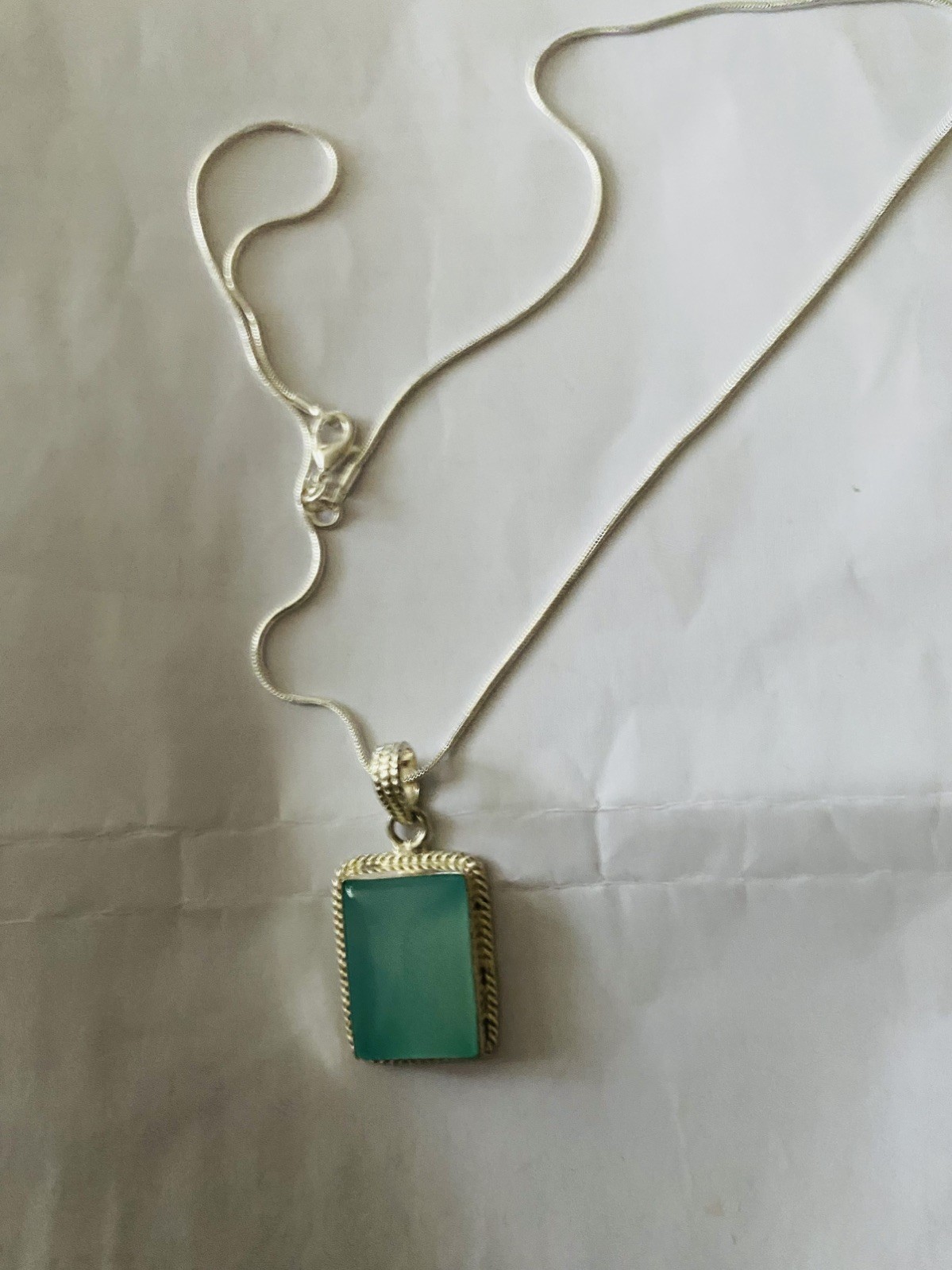 Vintage big Aqua Chalcedony Pendant 925 Silver 20”chain.4×2.5cm UK Seller VGC