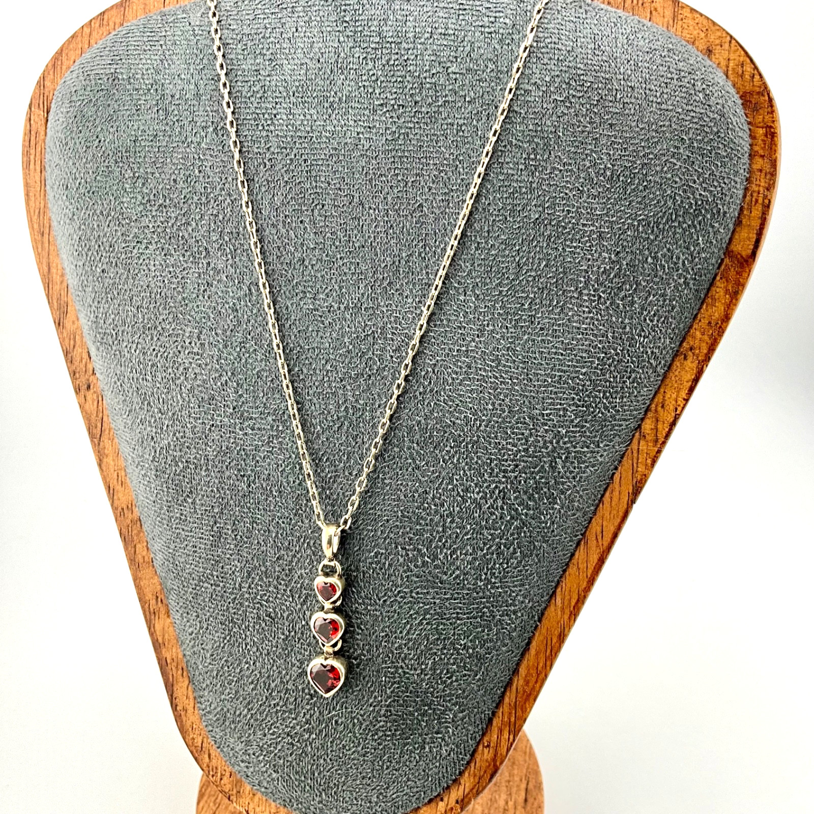 Minimalist Sterling Silver Three Heart Pendant Red Garnet with 17” Chain