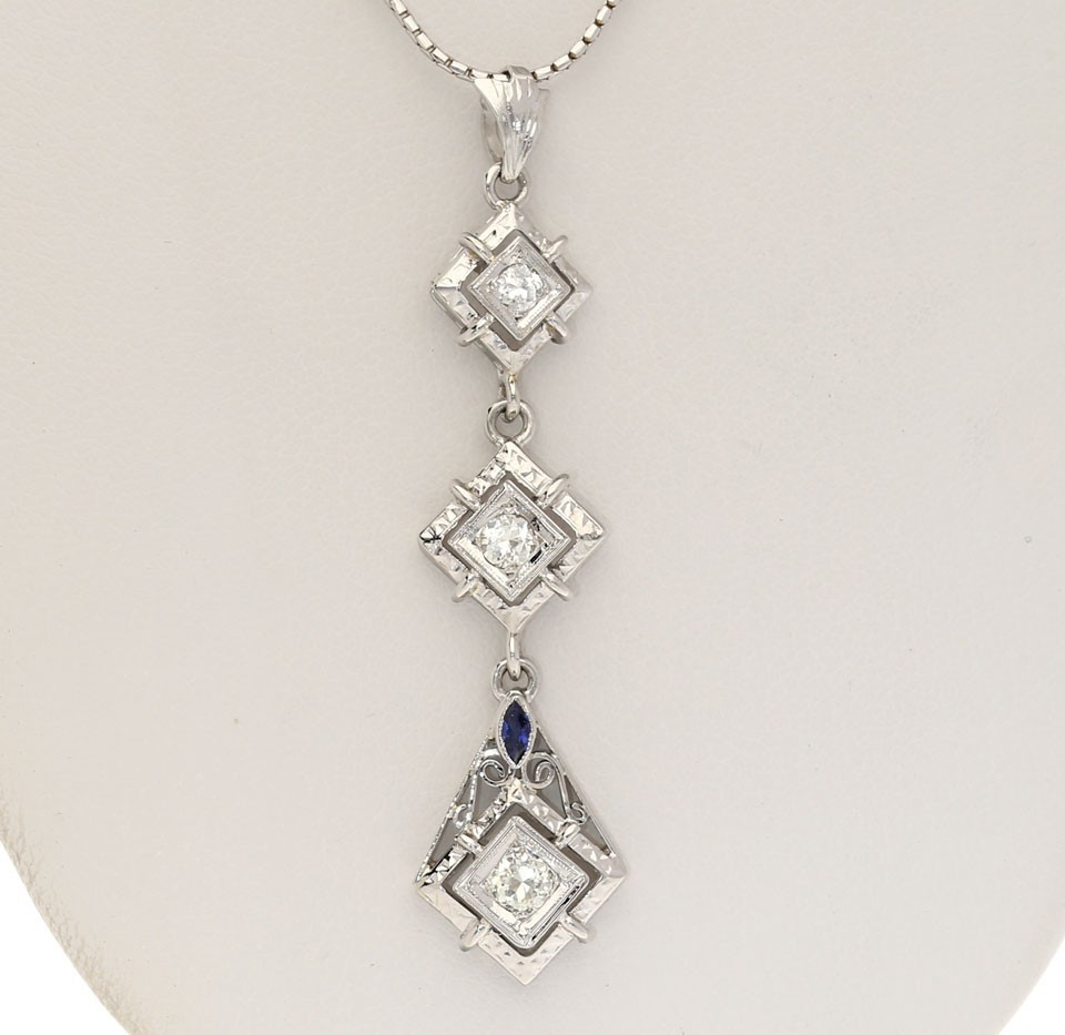 Natural Diamond Sapphire 18K Lavalier Pendant Necklace .35CT 14K WG 16”Chain