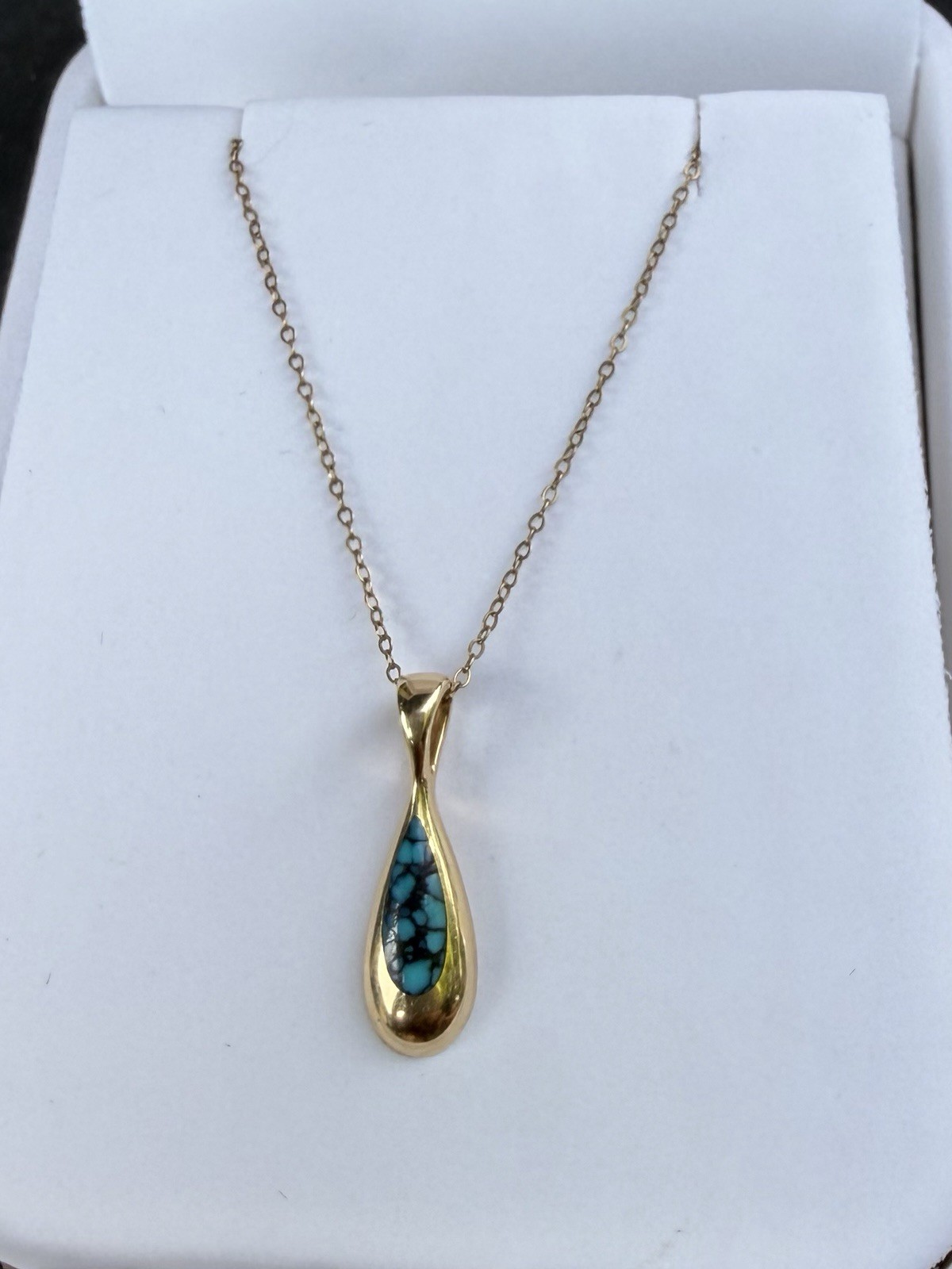 Estate Kabana 14k Yellow Gold Turquoise Teardrop Pendant & 14k Chain Necklace