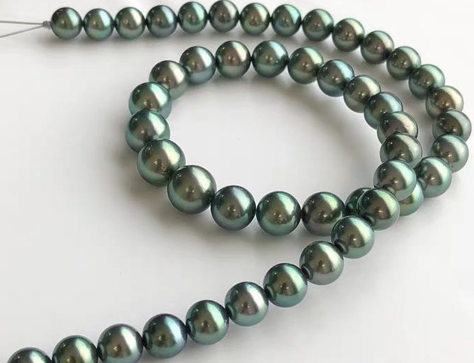 Charming 18″10-12MM south sea Tahitian genuine green round pearl necklace