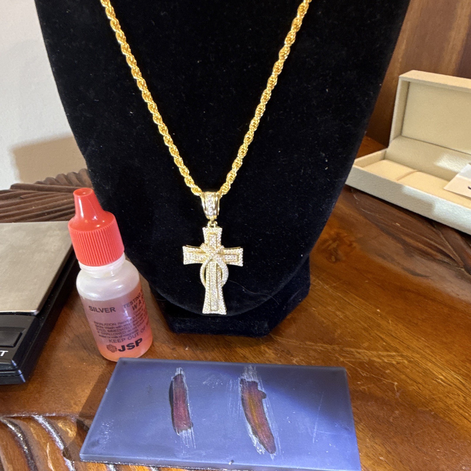3mm 24” Rope Chain (25g) SOLID 925 14k Gold Over w Moissanite Cross Pendant