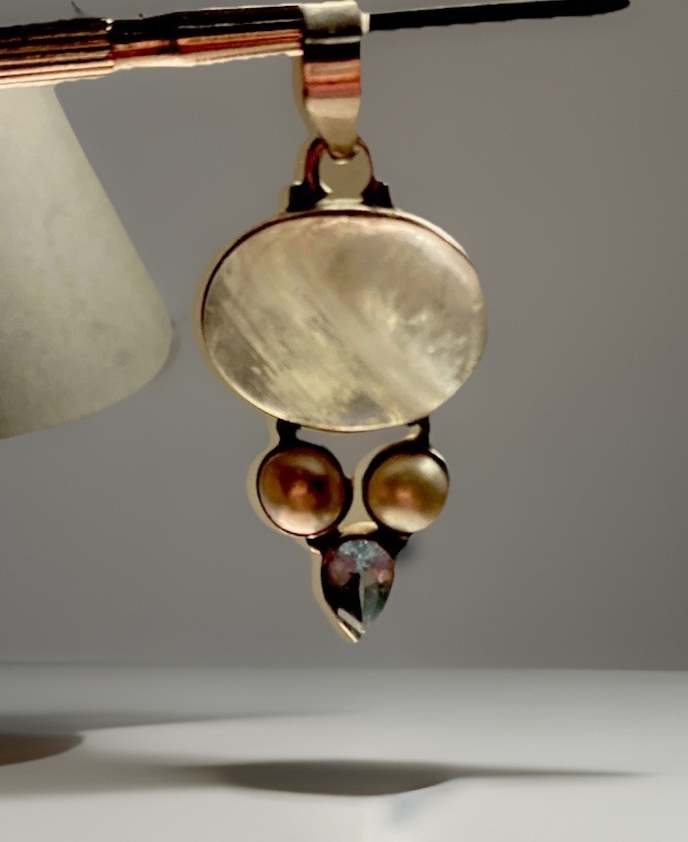 Moonstone, Aqumarine & Cultured Pearl Pendant 925 Silver 4cms Long 7 Grams