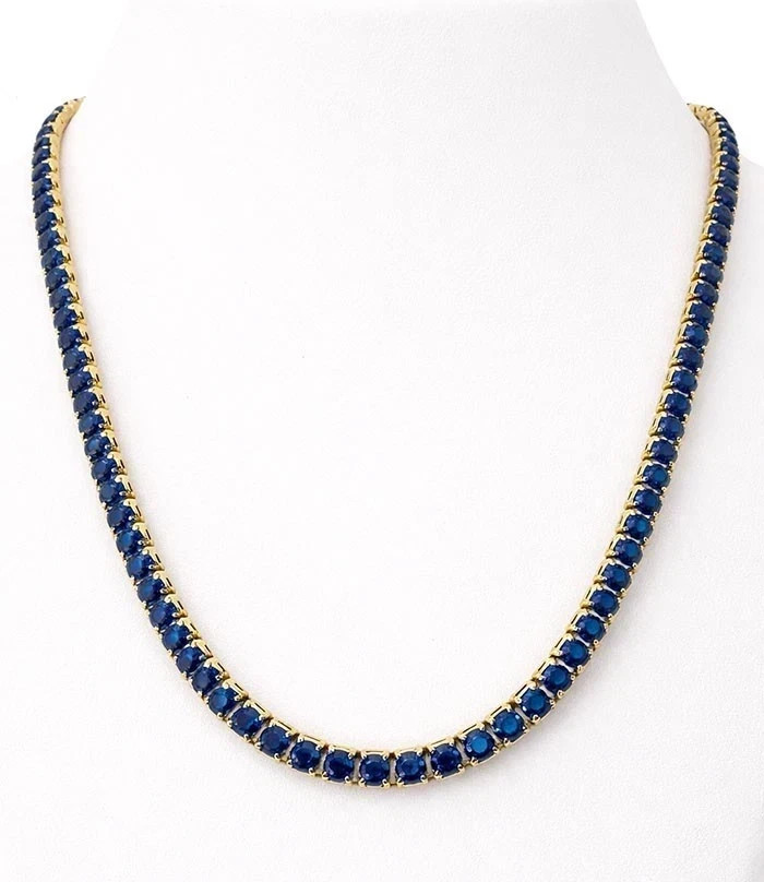 4MM Round Cut Lab Created Blue Sapphire Tennis necklace 14k Yellow Gold Plated