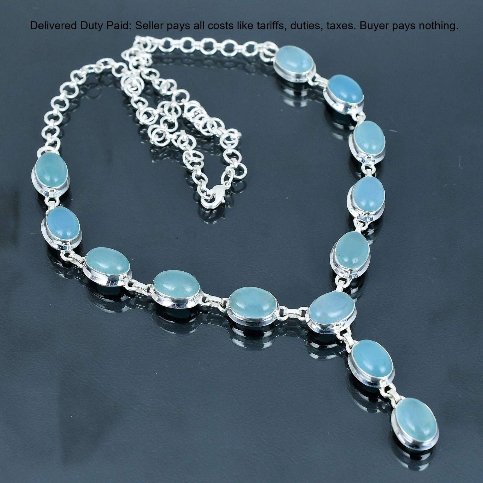 Valentines Deal Sterling Silver Oval Aquamarine Gemstone Chain Necklace Jewelry