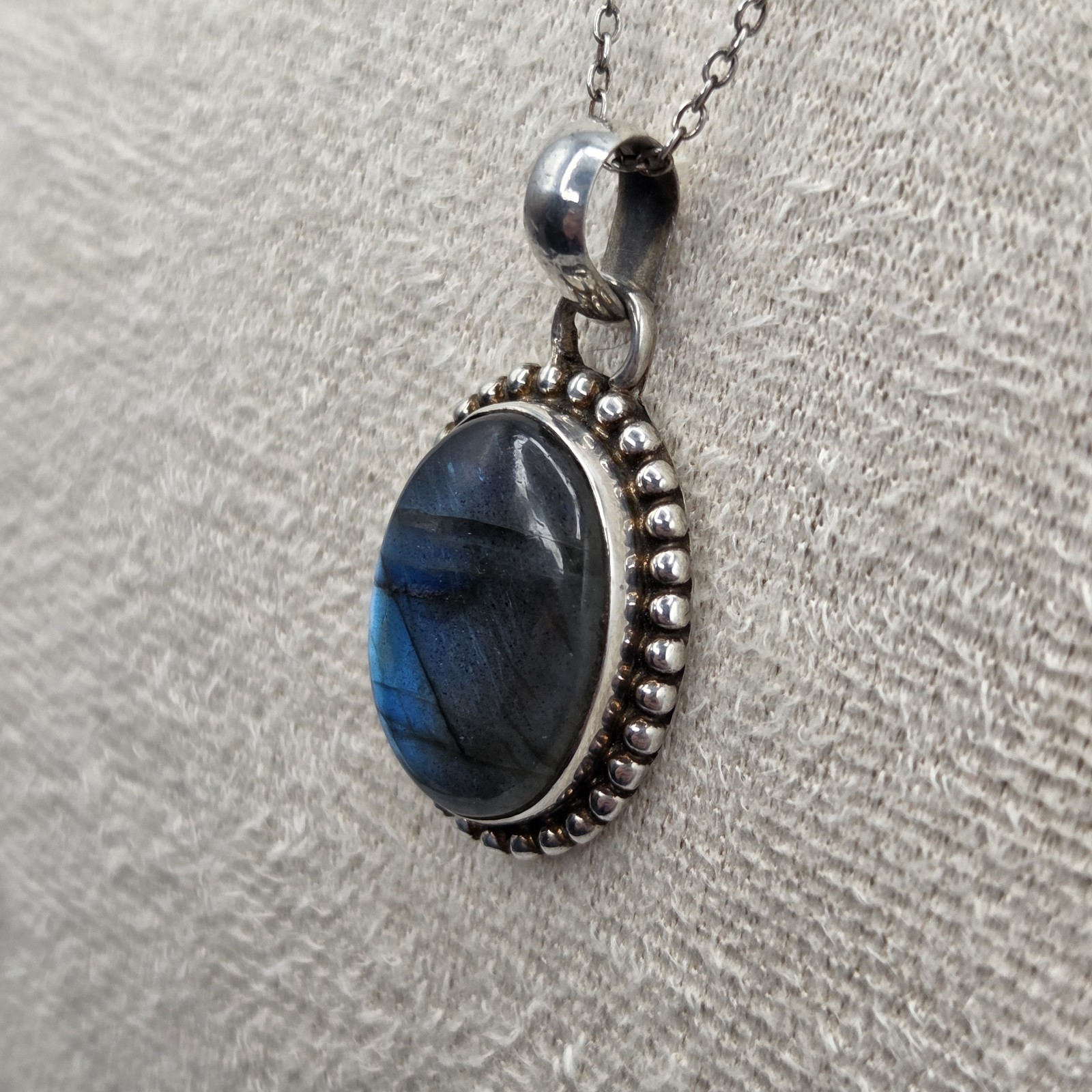 Vintage 925 Sterling Silver Labradorite Pendant Necklace India YS 18″ Chain