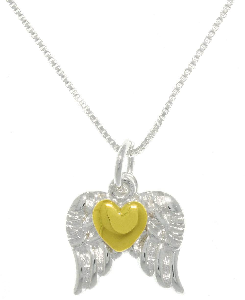 Jewelry Trends Sterling Silver Angel Wings Pendant with Gold-plated Heart on Cha