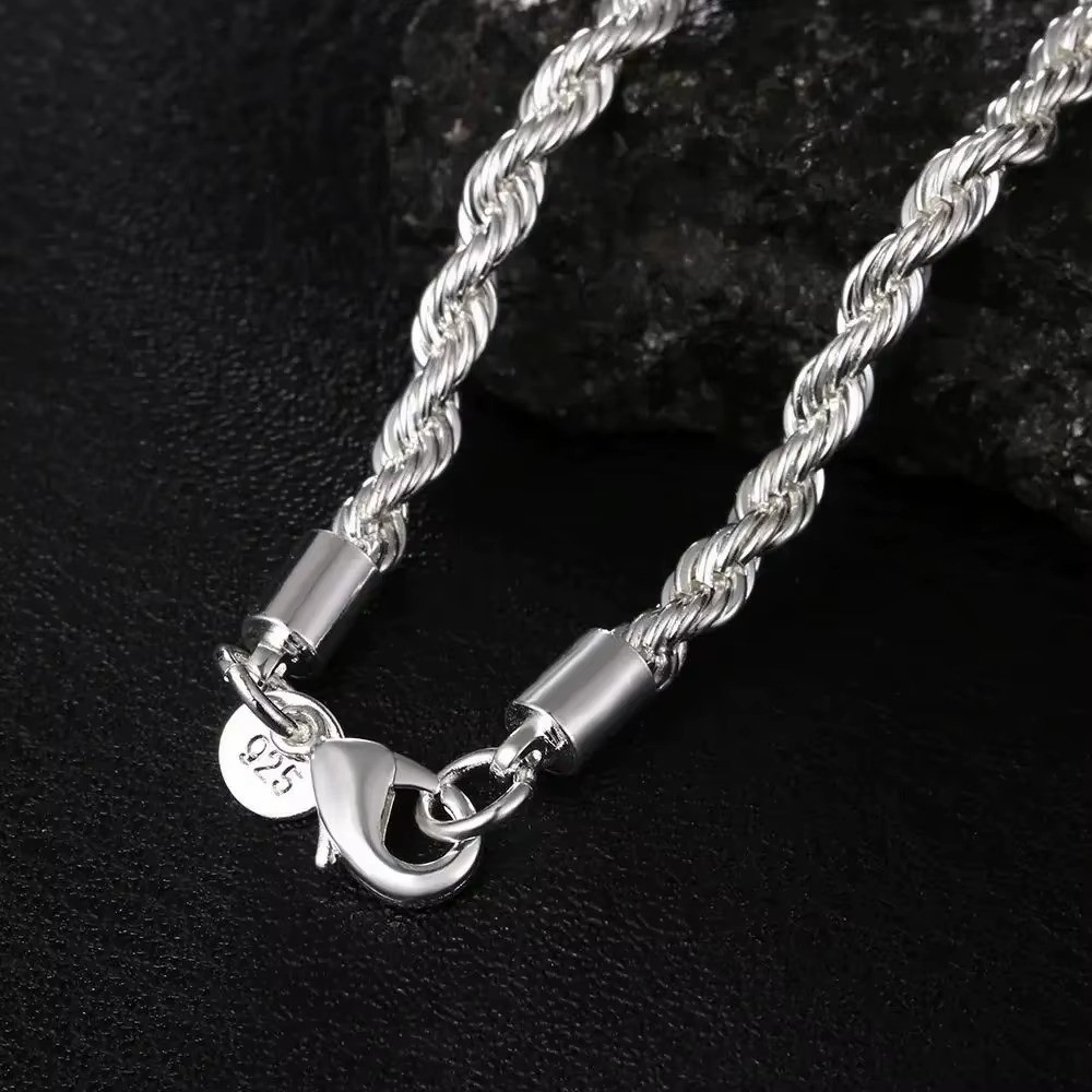 925 Sterling Silver 4MM Rope Chain Necklaces For Women Men Fashion