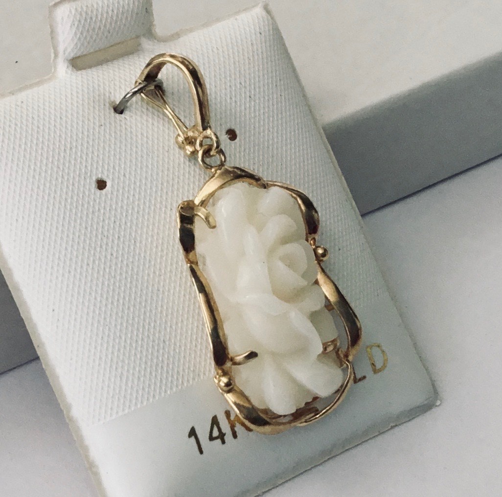 Genuine Natural White Coral Hand Carved Flower 14K Yellow Gold Pendant Enhancer