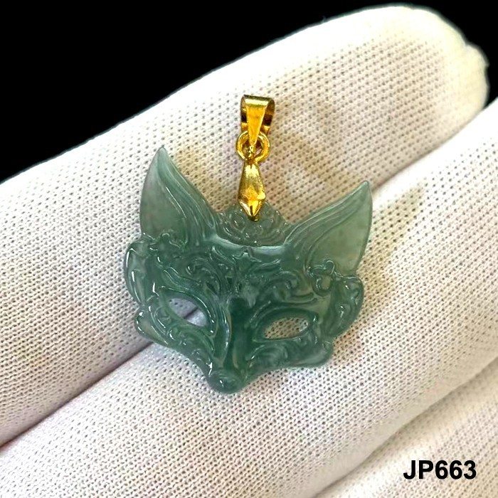 Natural Green Jade Jadeite Carved ‘FOX MASK’ Pendants Charms, Free Necklace