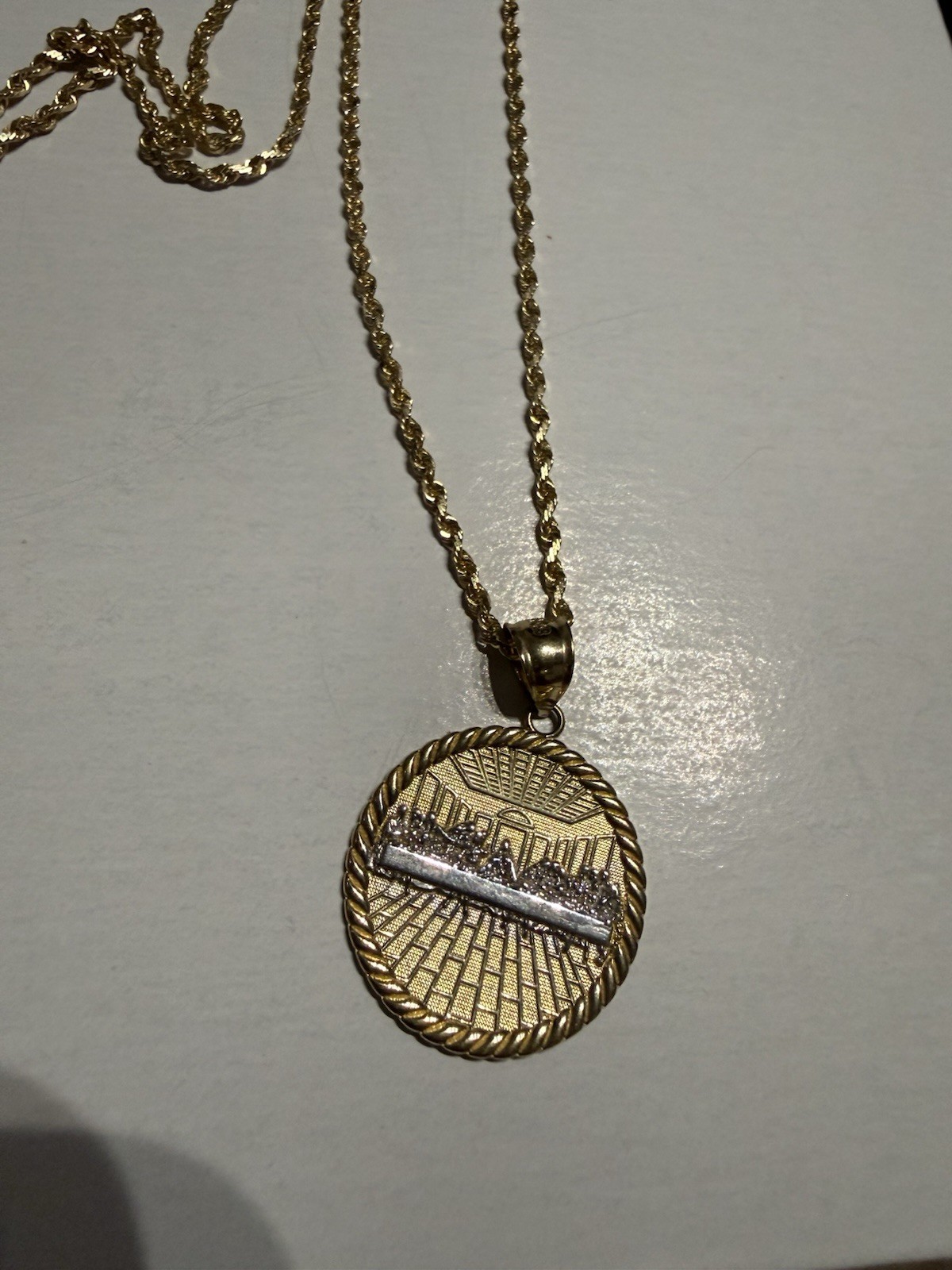 10K Yellow Gold Last Supper Jesus Charm Pendant With 2mm Rope Chain Necklace Set