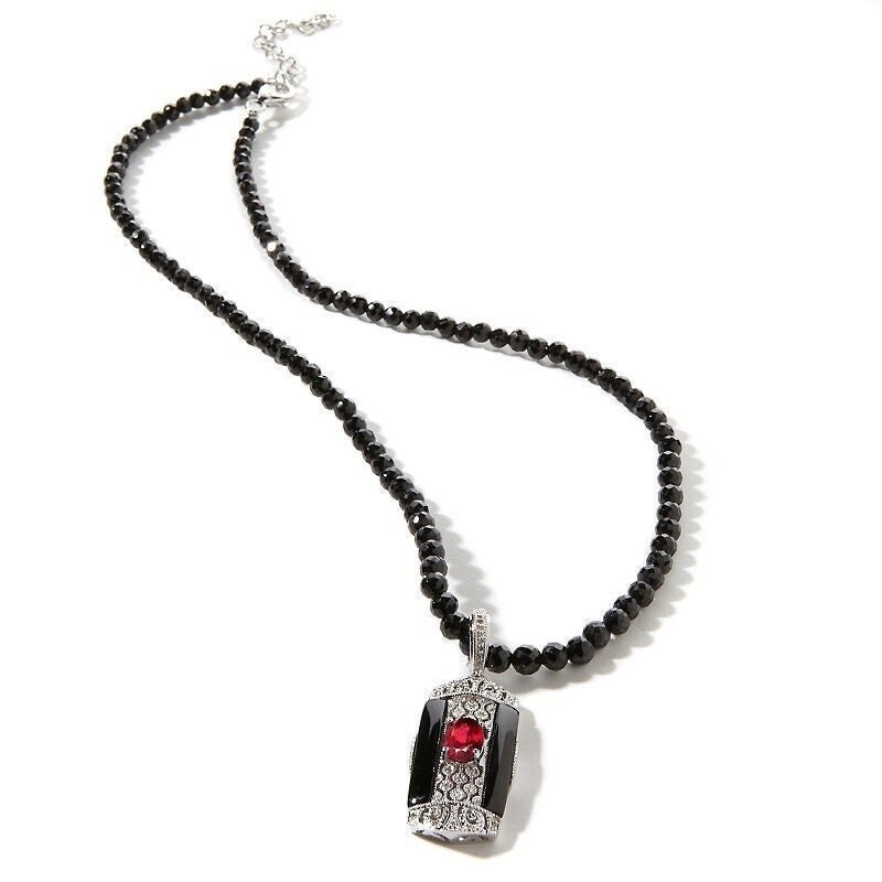 Womens Natural Ruby, Diamond, Black Spinel Vintage Sterling Silver Necklace, New