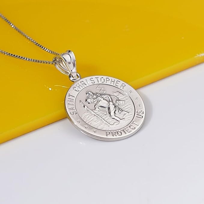 925 Sterling Silver 20MM Saint Christopher Religious Pendant Necklace 16″-24″