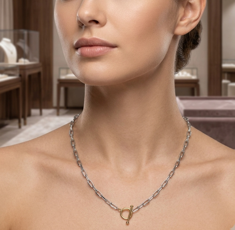 Paper Clip Oval Chain Toggle Necklace Silver 14K Two-tone Gold Plated Silver