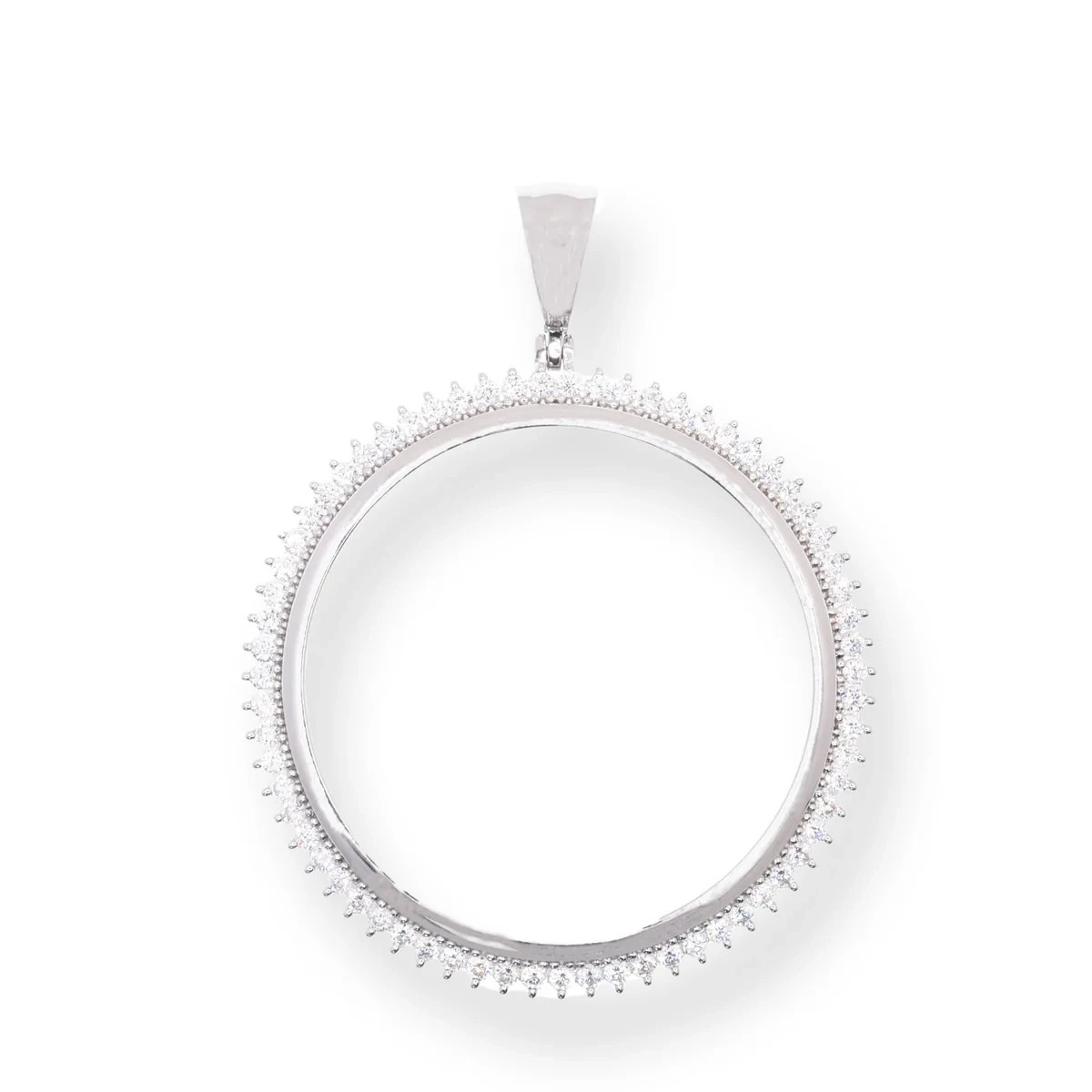 925 Sterling Silver Rhodium Plated Bezel for Coin Clear CZ Pendant