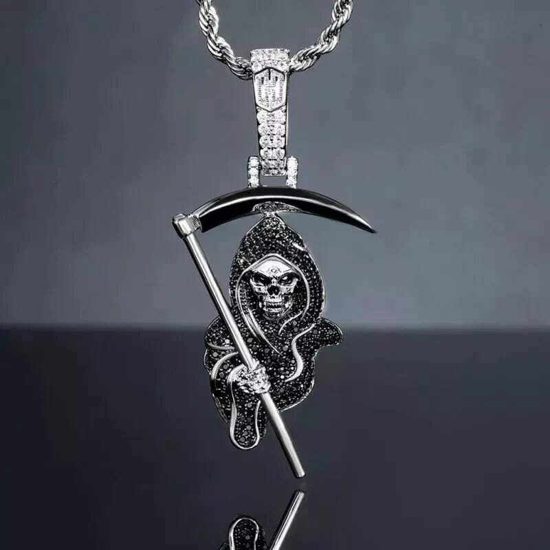 3 Carat Black AAA Round Diamond Halloween God Of Death Pendant 14K White Finish