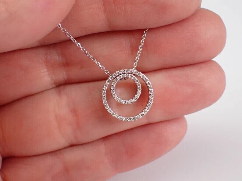 1.50 Ct Round Cut Real Moissanite Double Circle Pendant 14K White Gold Plated