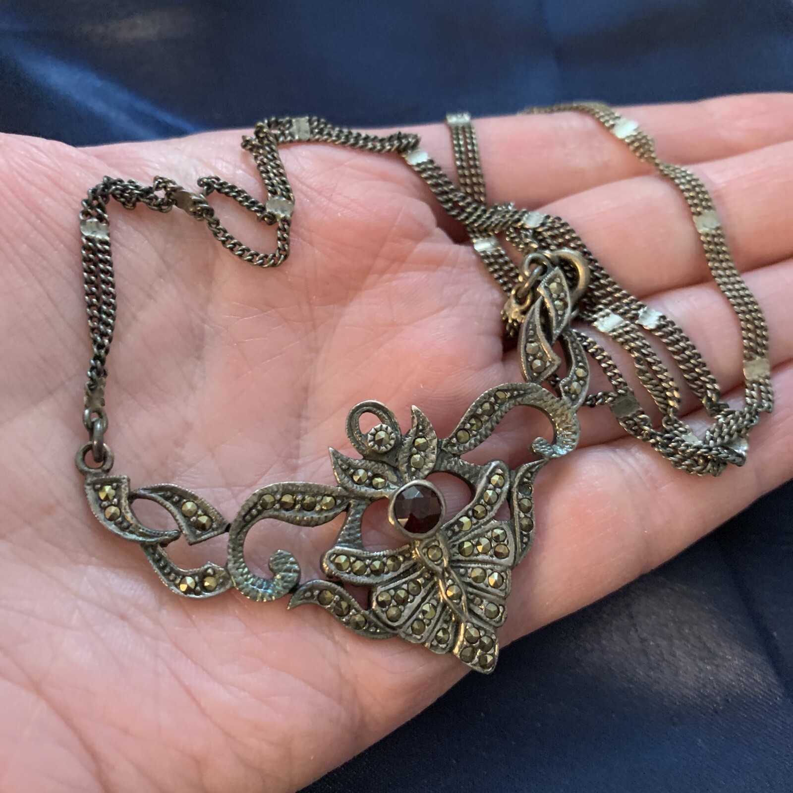 ART DECO 925 STERLING SILVER GARNET MARCASITE FOLIATE DROP LINK SCROLL NECKLACE