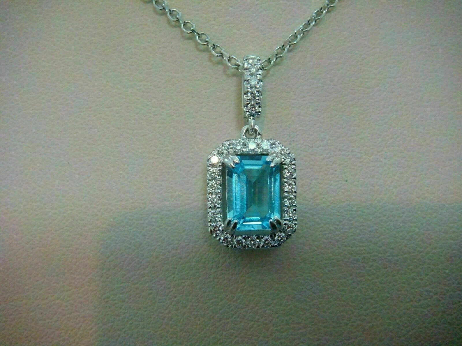 3Ct Emerald Cut Aquamarine Halo Women’s Pendant Free Chain 14K White Gold Finish