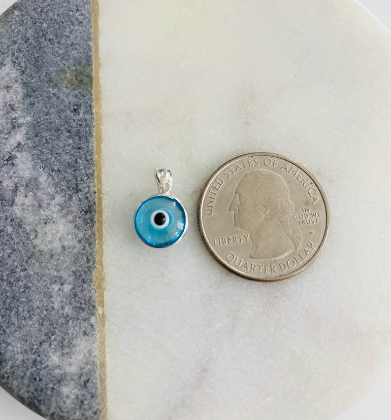 925 Sterling Silver Murano Glass 10mm Evil Eye Pendant, Transparent Blue – P149