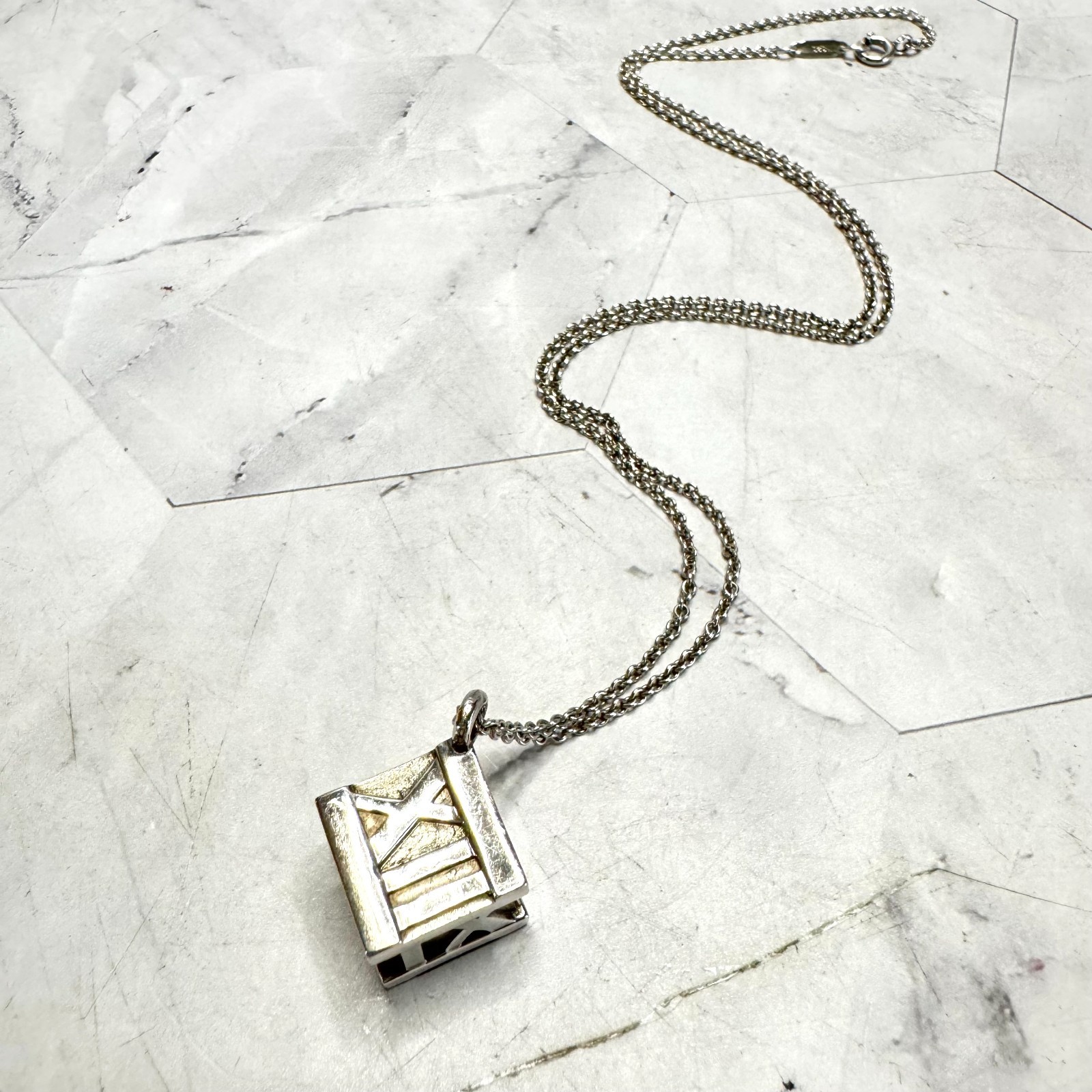 Tiffany & Co Atlas Cube Necklace Italy Sterling Silver Pendant Pouch 20g Rare