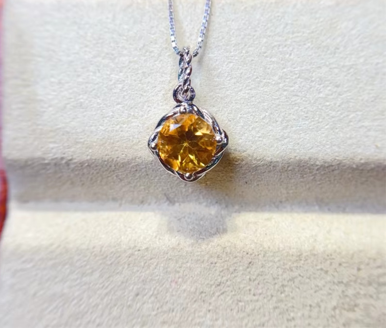 Yellow Citrine Pendant Necklace 6mm 925 Sterling Silver Natural Citrine