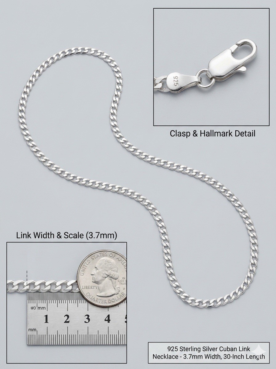 Real 925 Sterling Silver Cuban link necklace 3.7mm 30” Long