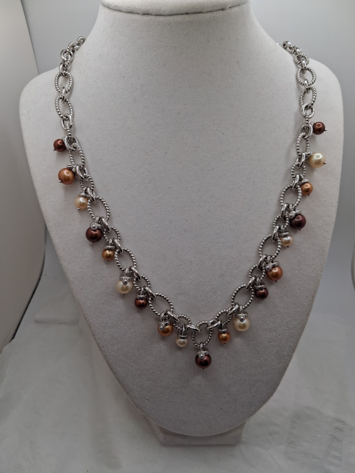 Judith Ripka S925 Multi Gold/Champagn/Choc Cultured Pearl Dangle Necklace-17-19″