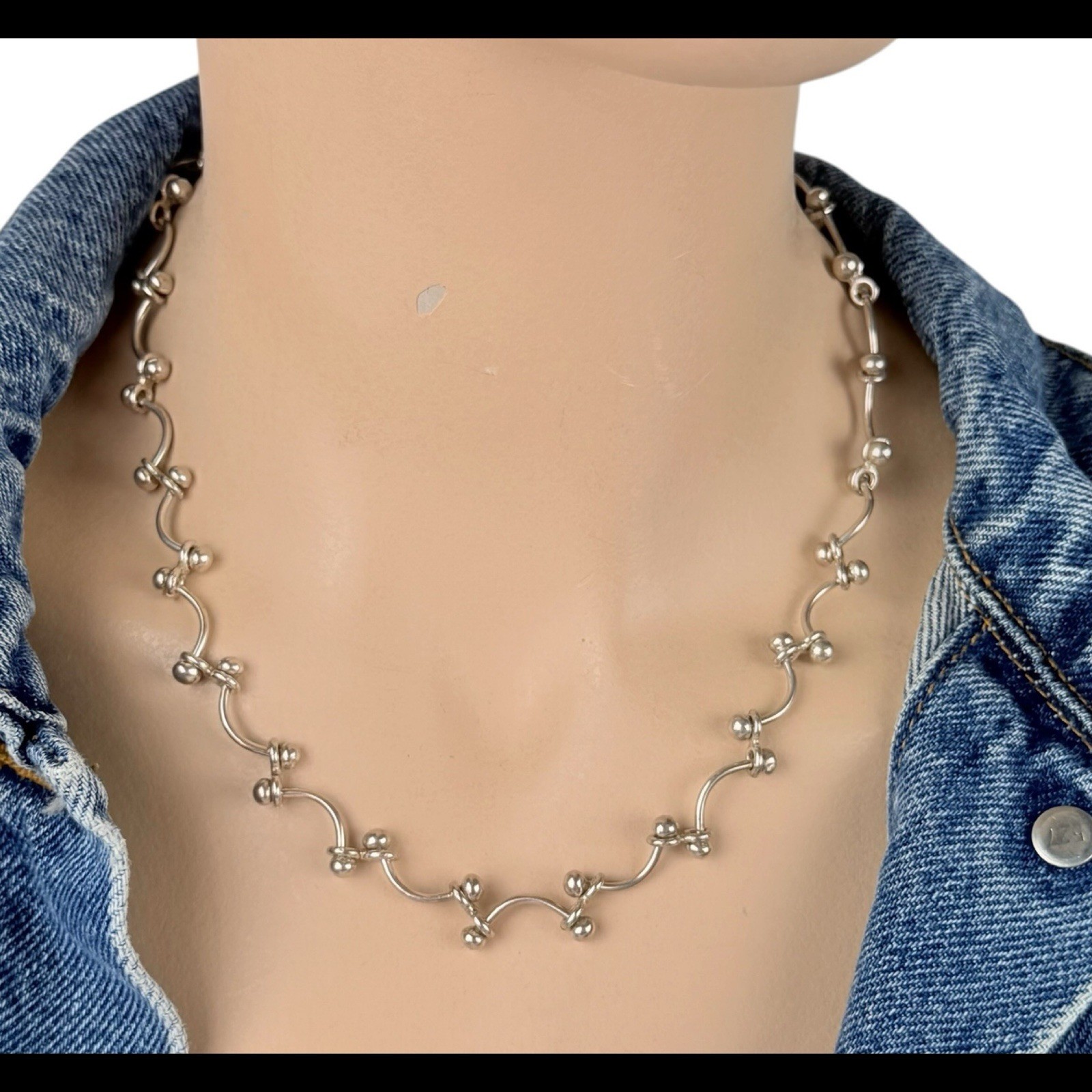 Sterling Silver 925 Curved Bar & Ball Link Necklace Modernist Toggle Clasp 33+g
