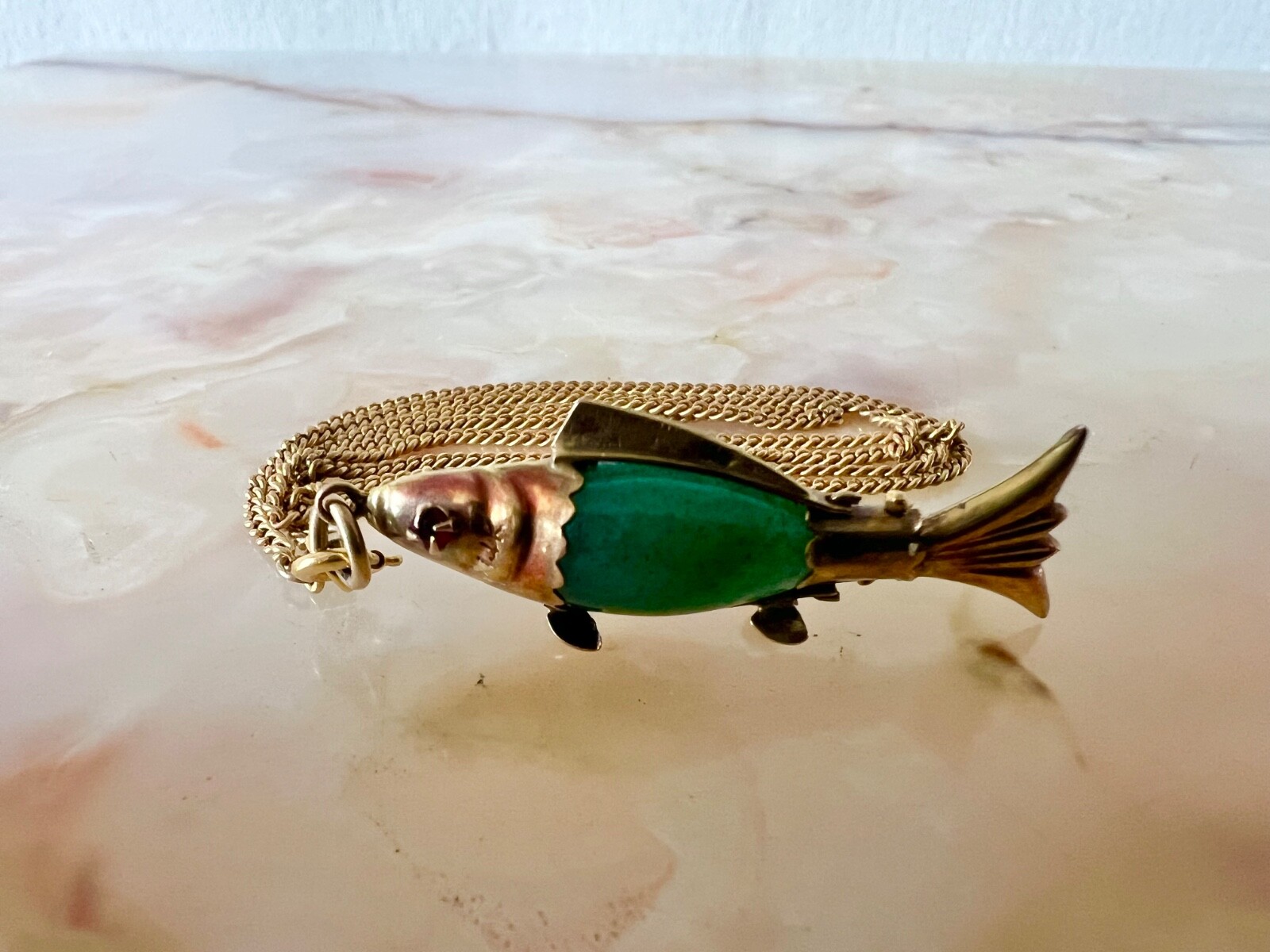 Vintage 14KT Yellow Gold And Jade Koi Fish Pendent With A 1/20 12KT Necklace