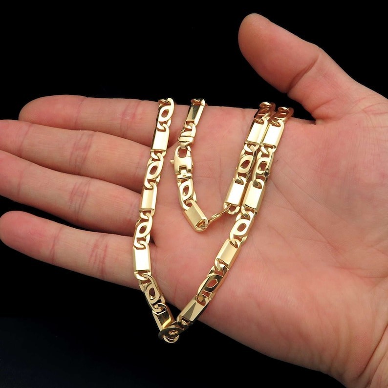 14K Yellow Gold Tiger Eye Link Chain 24 Inches 7MM Width Solid Gold