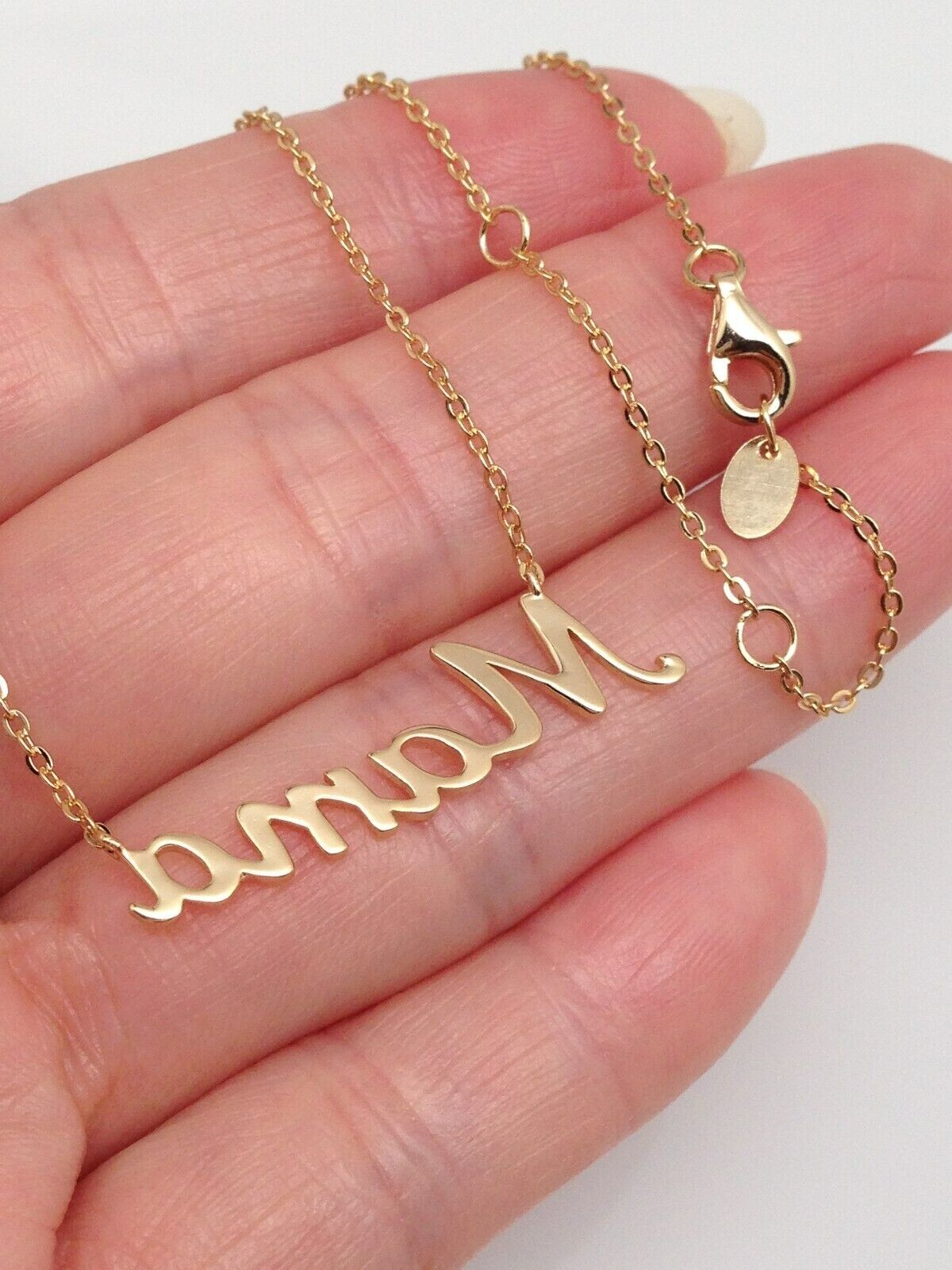925 Sterling Silver Script Mama Pendant Necklace Gold 31mm(1.22″) 15.25-17.25″