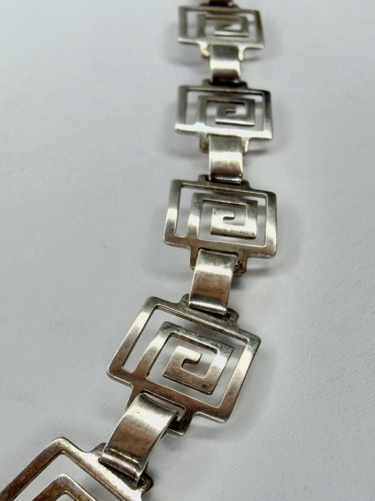 Mexico Sterling Silver Geometric Greek Key Link Chain Necklace 16″