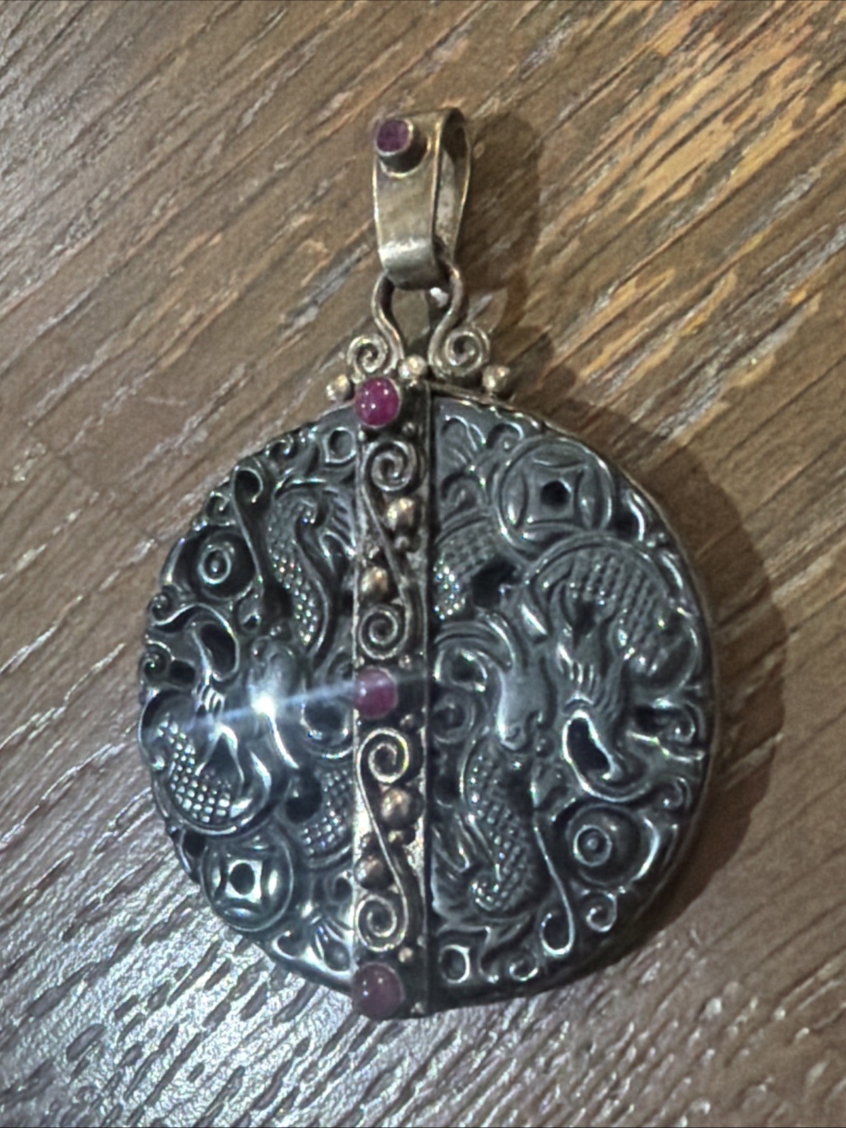 Sajen Sterling Silver Carved Hematite Dragon Ruby Disk Pendant 49.7g Unique