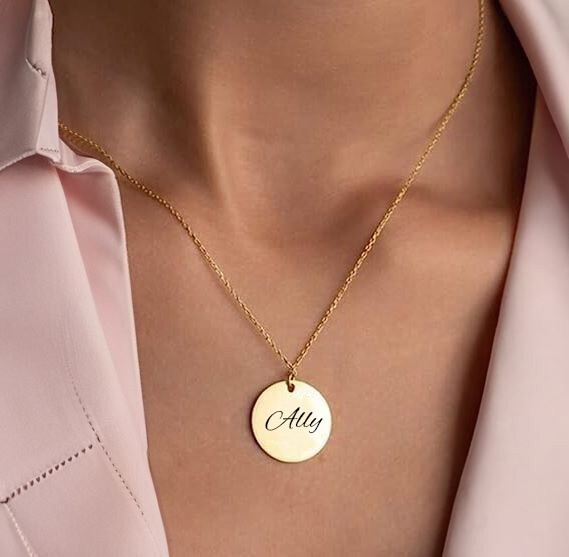 14K Plated Custom Engraved Disc Necklace, Gold Round Necklace, Circle Necklace