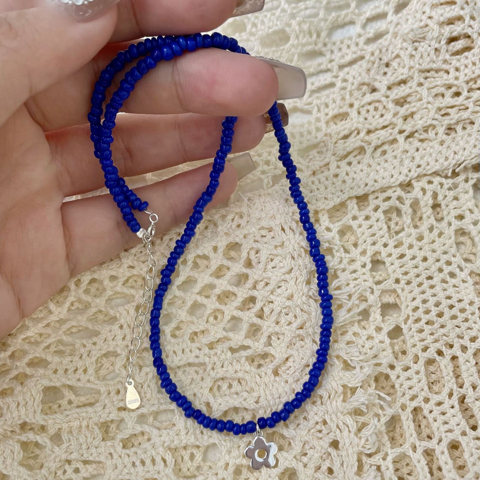 Klein Blue Beaded Choker Necklace S925 Silver Flower Charm Dainty Y2K Jewelry