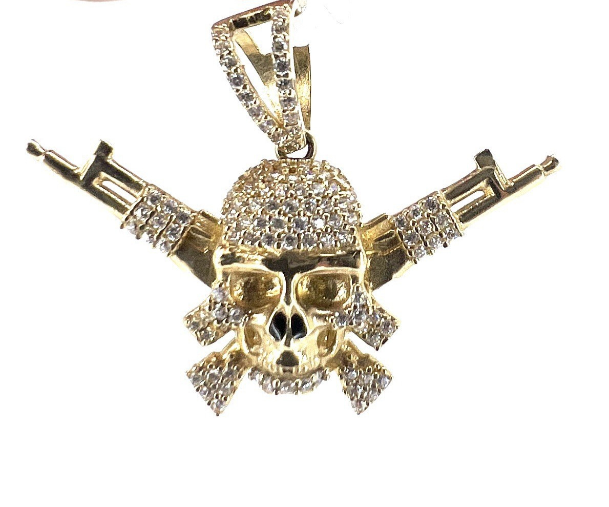 14K Solid Yellow Gold Skull Crossed Rifles Pendant CZ Pave Outlaw Guns
