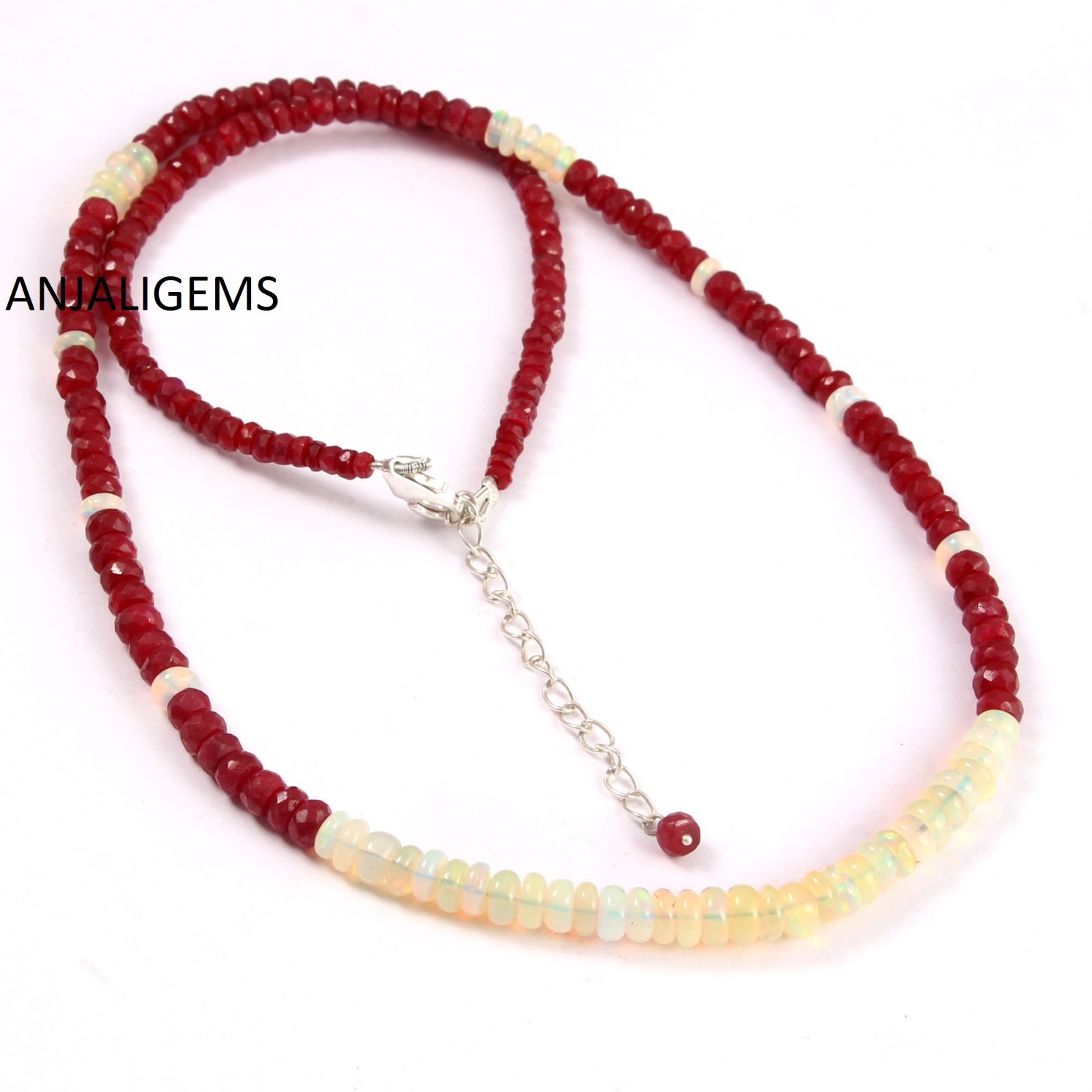 AAA+ Natural Ruby And Opal Gemstone Beads Necklace In 925 Silver Woman Jewelry