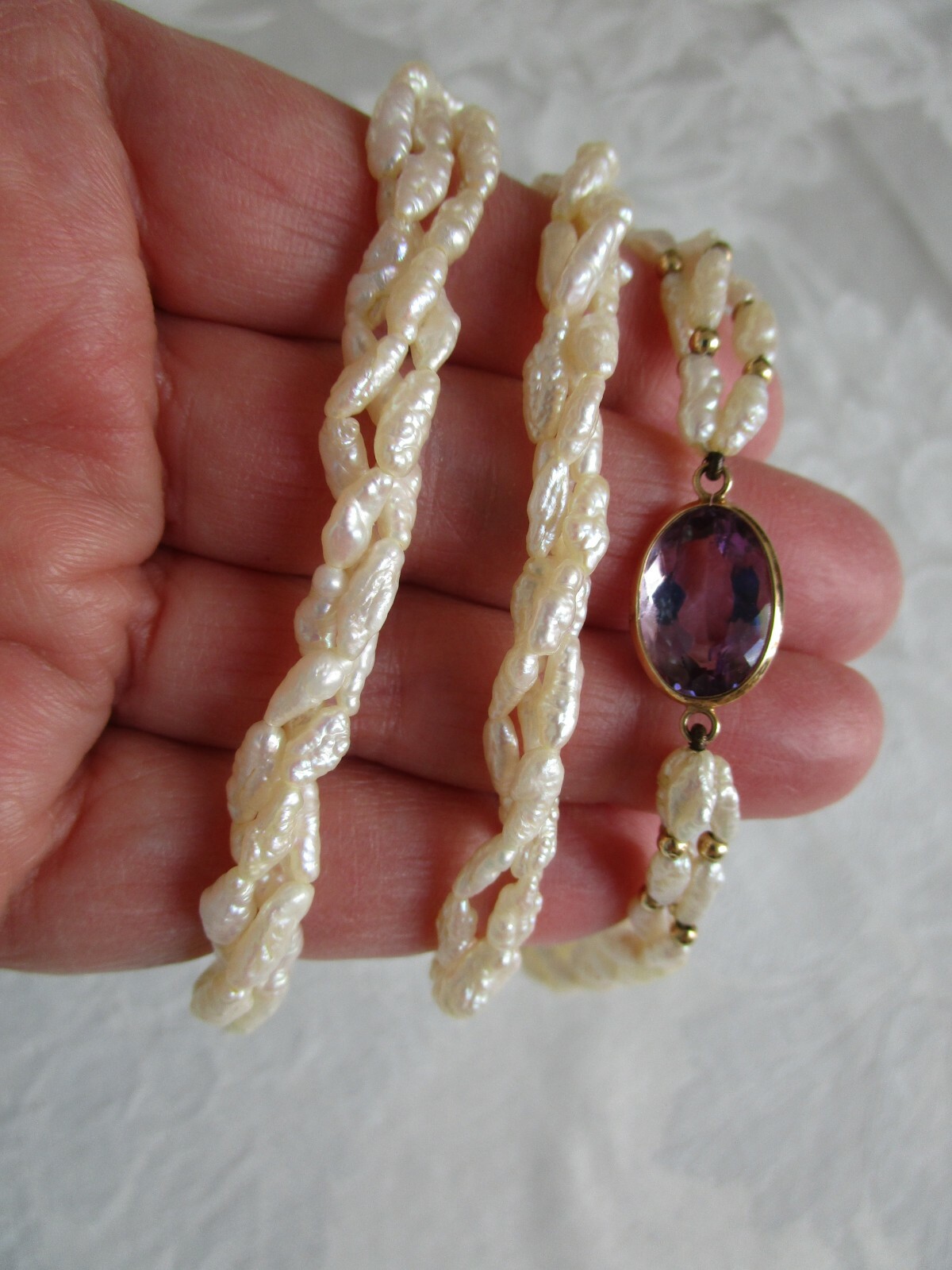 Vintage 14K Yellow Gold Amethyst Pearl Necklace 30″ L Excellent