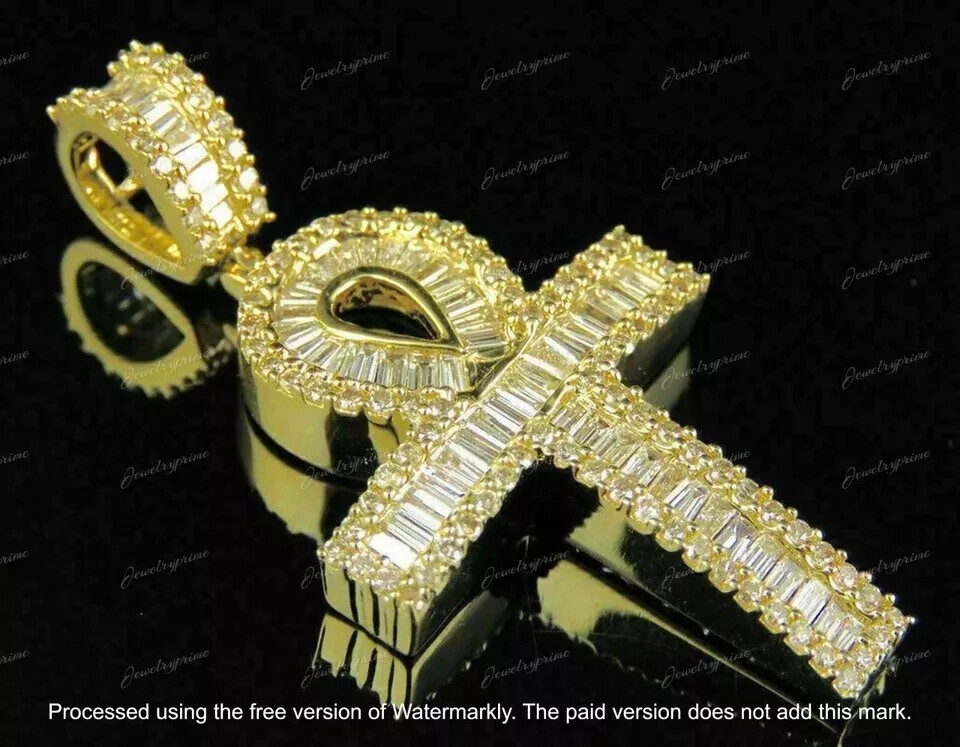 2.00 Ct Baguette Cut Lab Diamond Ankh Cross Pendant 14k Yellow Gold Plated