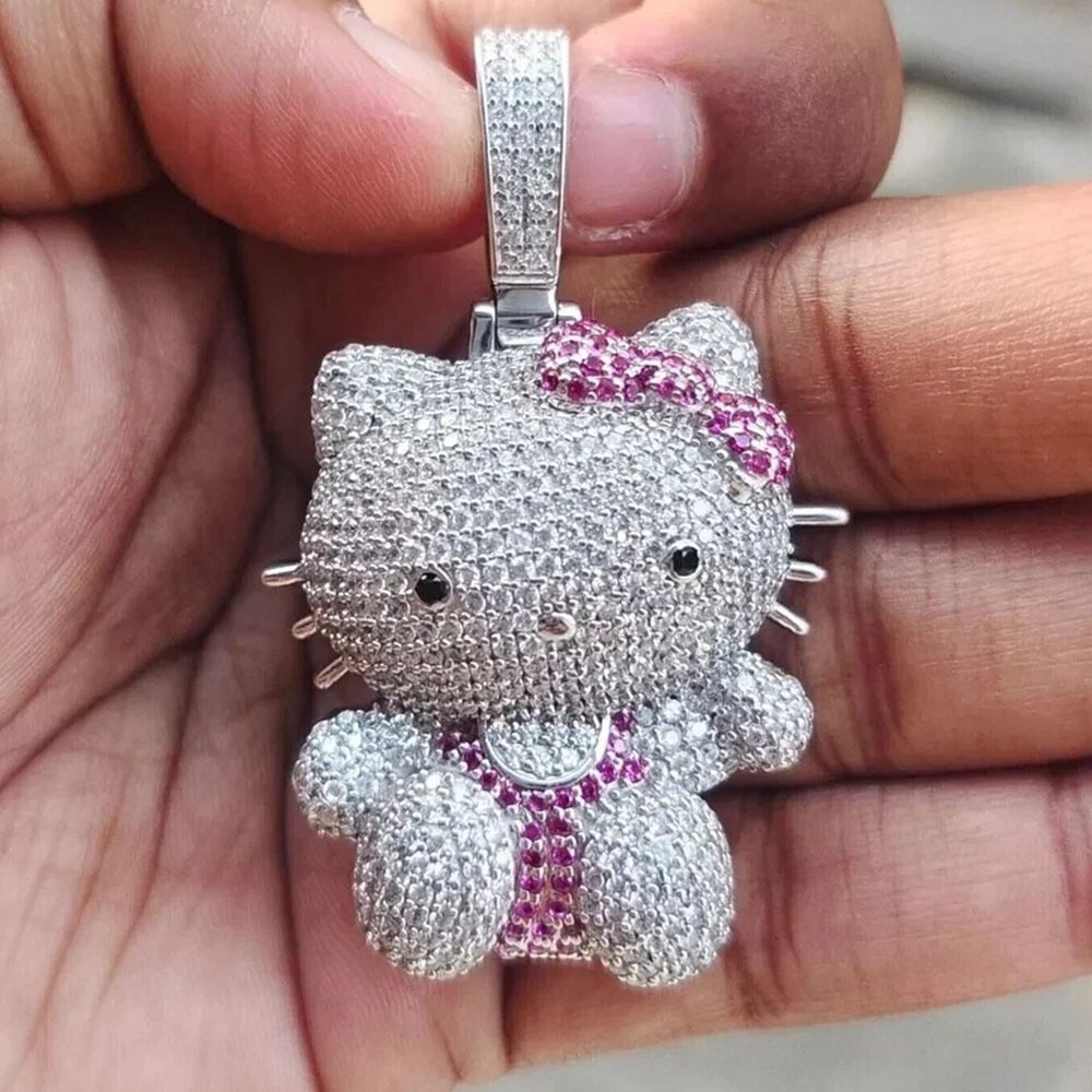 2.70Ct Round D/VVS1 Moissanite Hello Kitty Cartoon Pendant 14K White Gold Plated