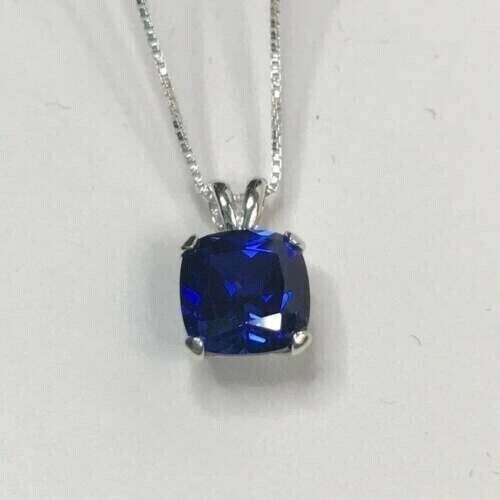 2Ct Cushion CutLab-Created Blue Sapphire Solitaire Pendant 14K White Gold Plated