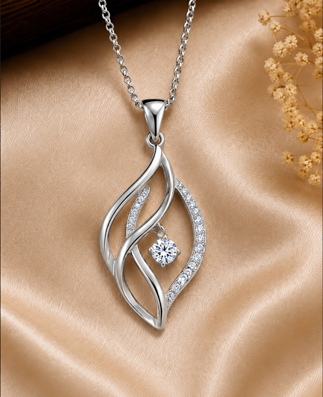 925 Sterling Silver Leaf Twist Pendant Necklace CZ Dangle Charm Women Gift