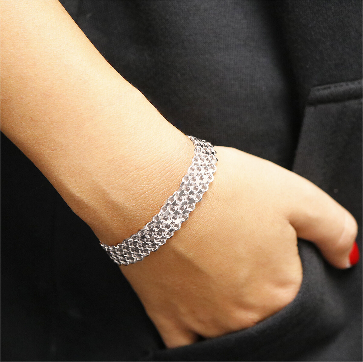 Italian Made 925 Sterling Silver 9MM Flat Bismark Chain Bracelet 7.5″ Inch