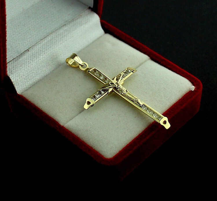 Real 10K Yellow Gold Cross Pendant Diamond Cut Gold Crucifix Charm 2.0″ inch