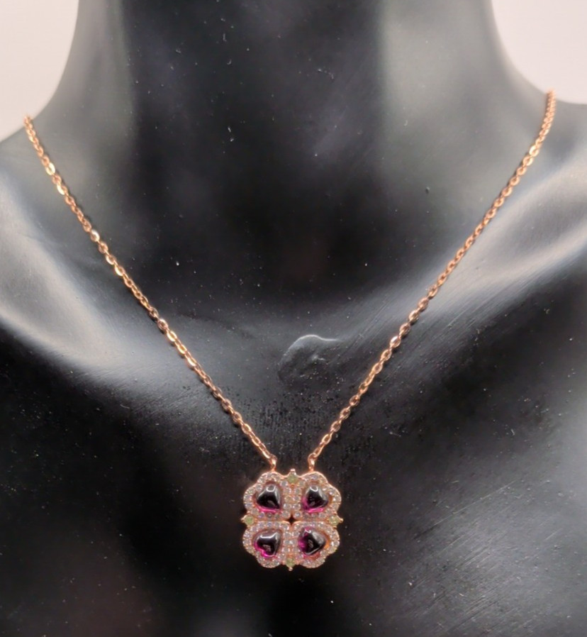 Clover Shaped Natural Garnet Sterling Silver Pendant With Rose Gold Plating And