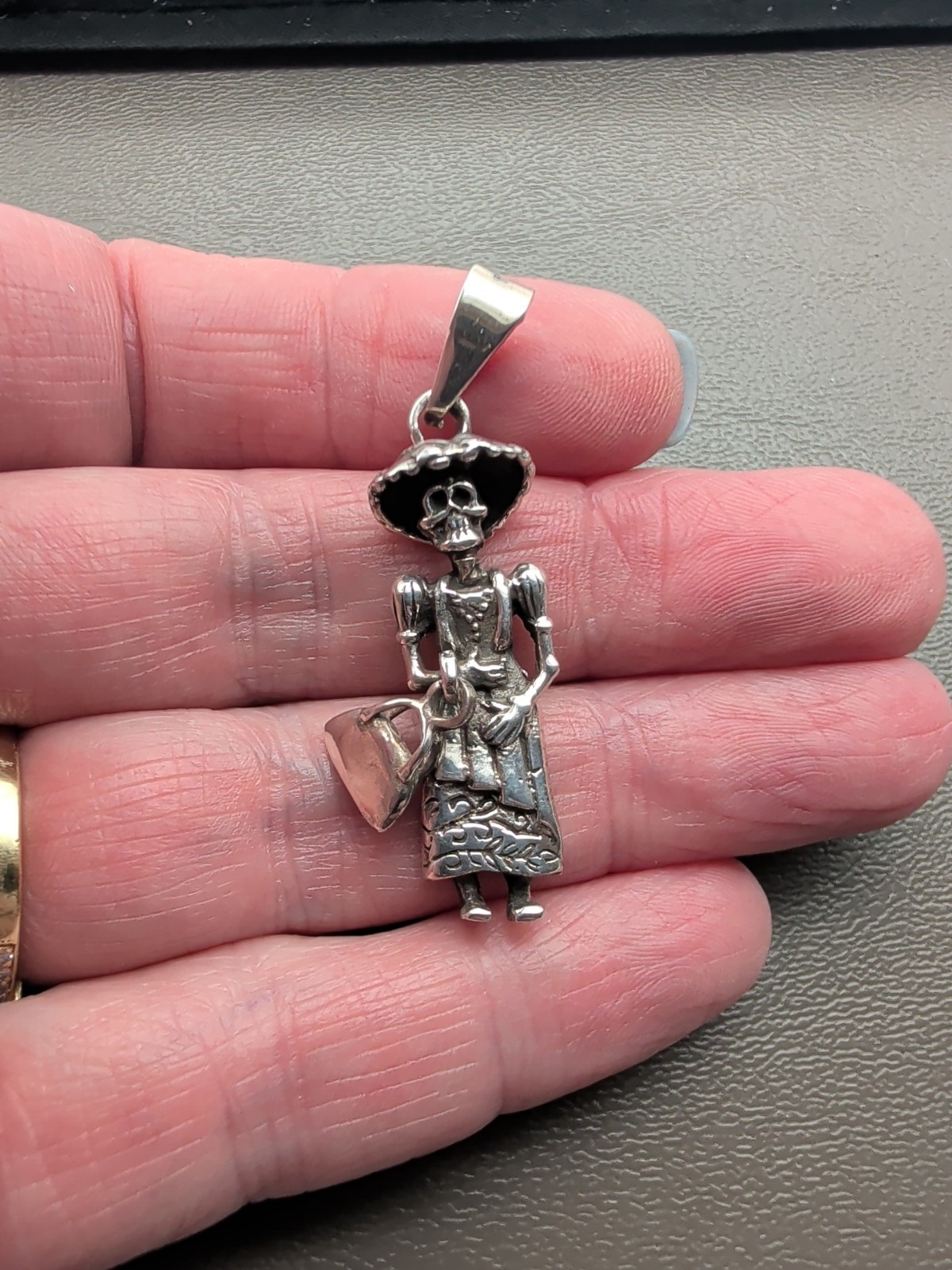 Catrina Day Of The Dead Sterling Silver Pendant w/ Dangle Purse Skeleton Skull