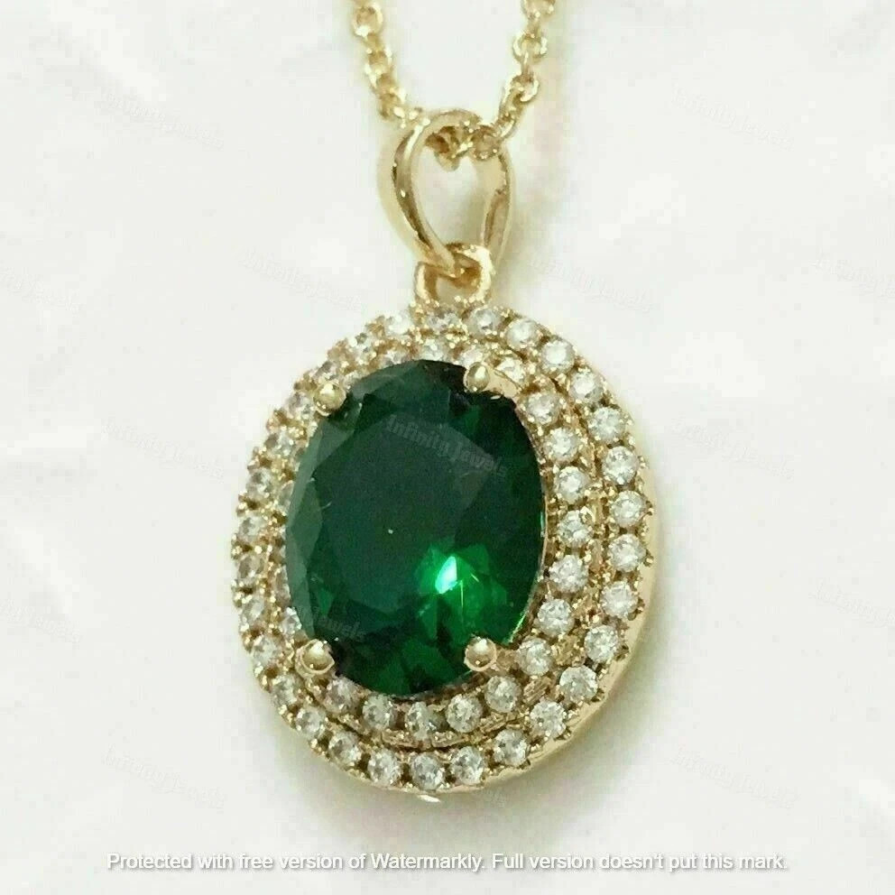 4Ct Oval Cut Green Emerald Diamond Halo Pendant Necklace 14K Yellow Gold Finish