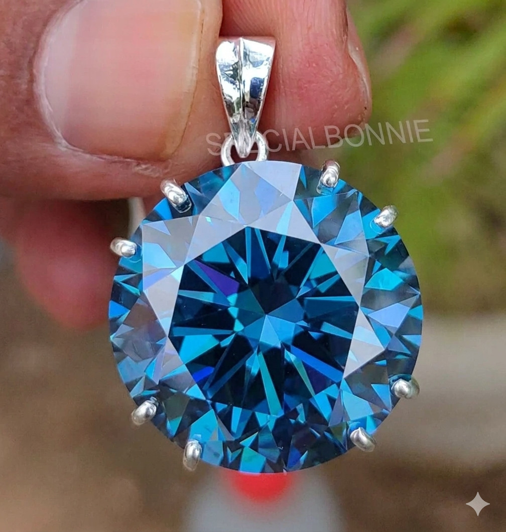 HUGE 38 Ct Certified Azure Blue Diamond Pendant Necklace-FREE Diamond Studs
