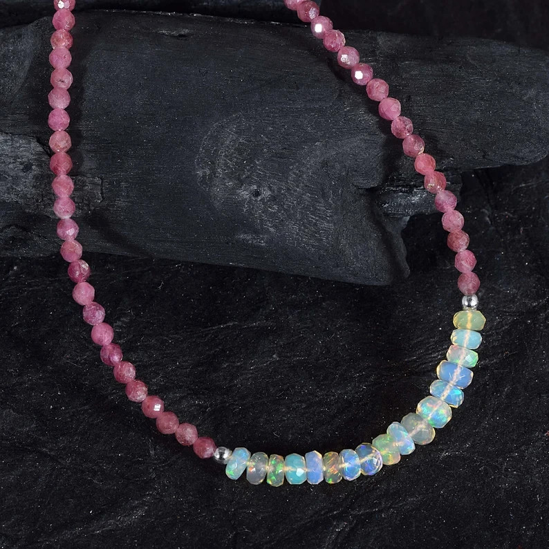 Natural Welo Fire Opal Pink Tourmaline Beaded Necklace 925 Silver 18 in Handmade